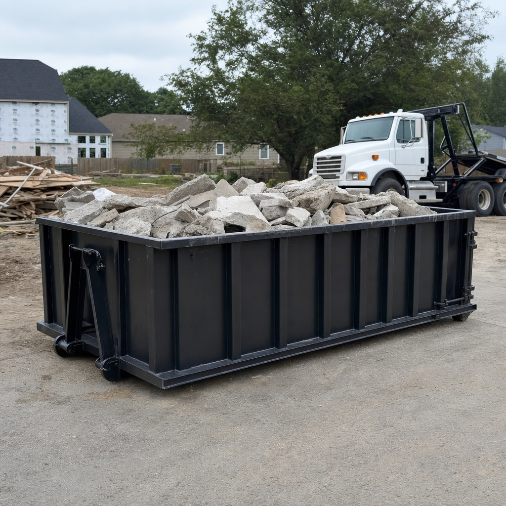Low-profile matte-black lowboy roll-off dumpster loaded with broken concrete slab and rebar at a foundation tear-out in Largo, skid steer parked beside it, sunny Colorado morning