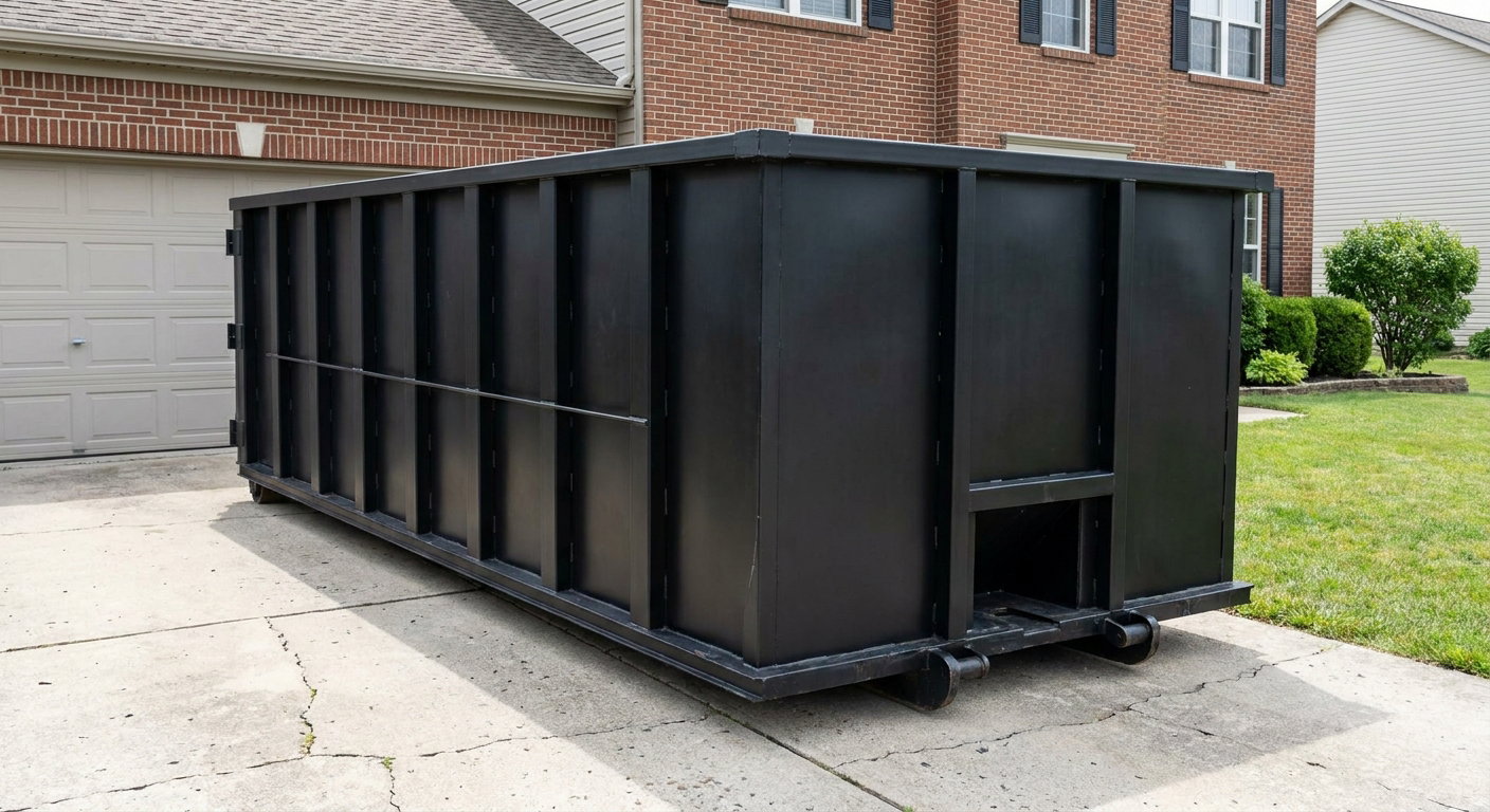 Matte-black 20-yard roll-off container on a Largo residential concrete driveway with reinforced ribbed steel sidewalls and a hinged rear walk-in door, clean bright daylight.