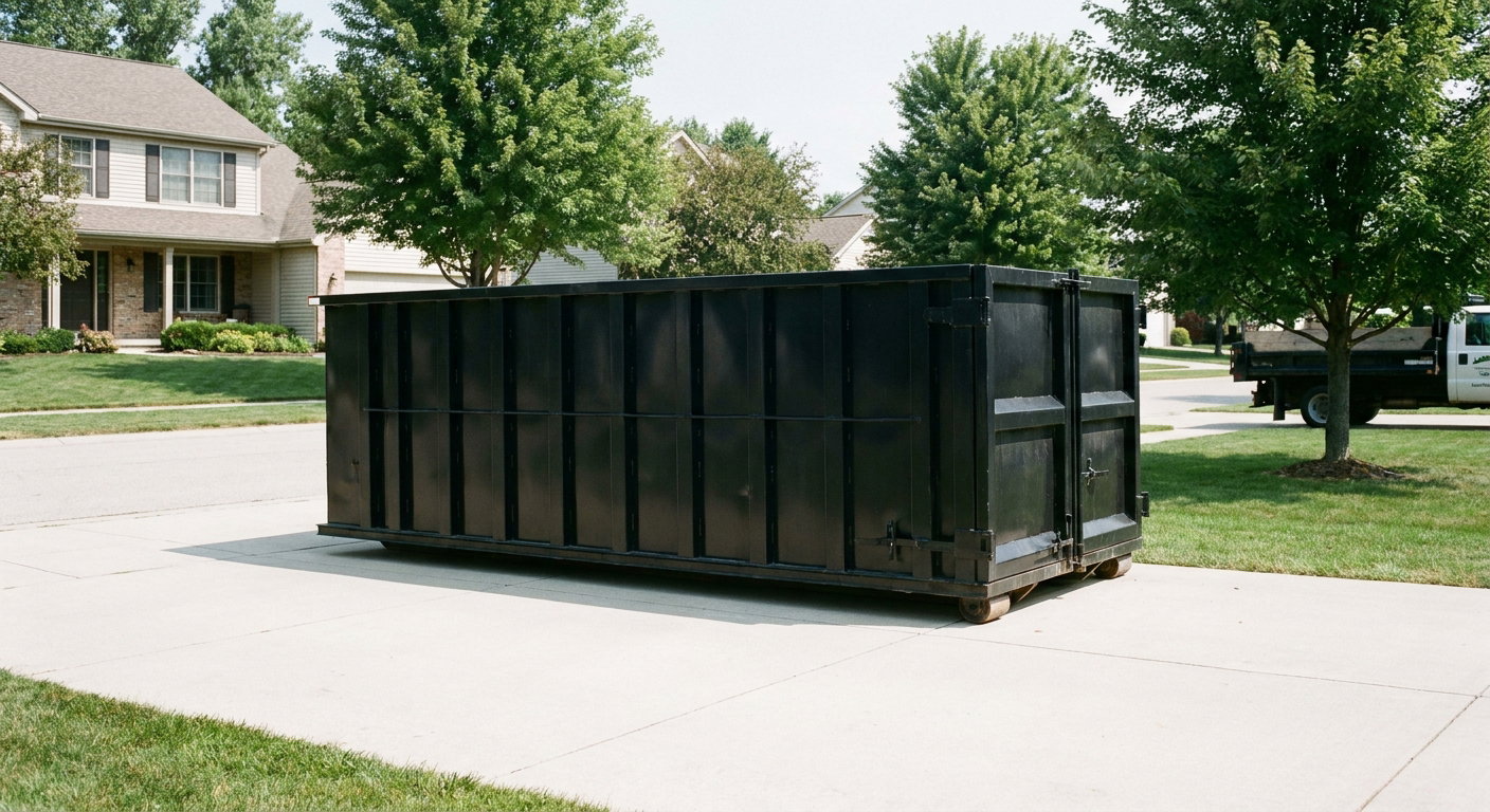 Matte-black 20-yard roll-off dumpster sitting level on a clean Largo residential concrete driveway under bright daylight, demonstrating clean placement directly on the concrete.