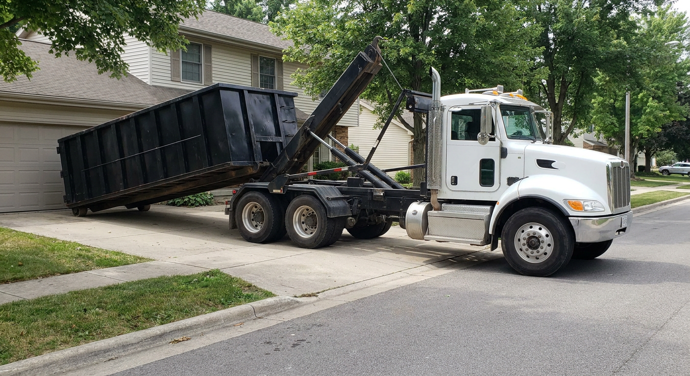 White-cab hooklift roll-off truck actively lowering a matte-black dumpster onto a Largo residential concrete driveway, the dumpster's rear wheels touching the driveway as the hoist arm tilts the bed forward, mid-morning daylight.