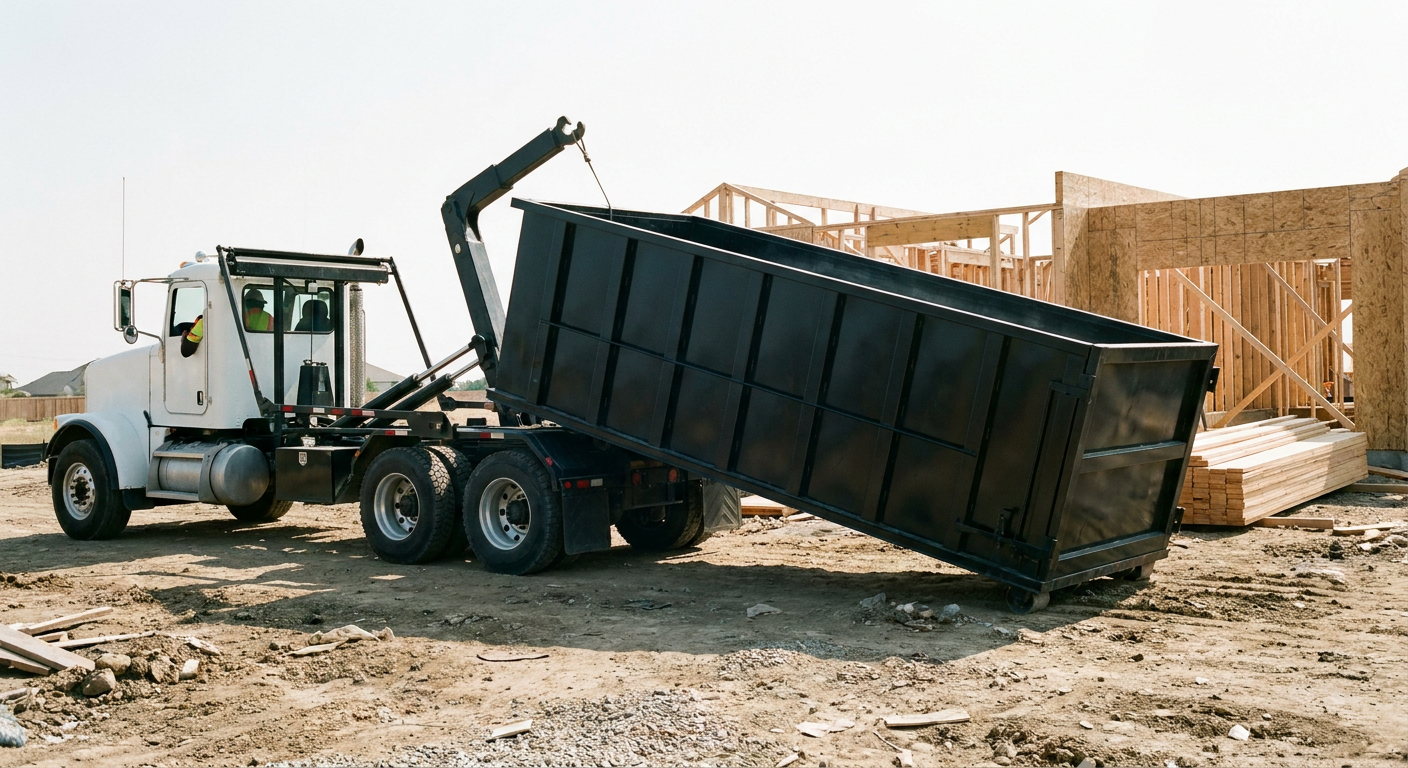 Matte-black roll-off dumpster being delivered onto a clean residential concrete driveway in Largo by an unmarked white hooklift hauler truck, bright morning daylight, documentary 35mm perspective.