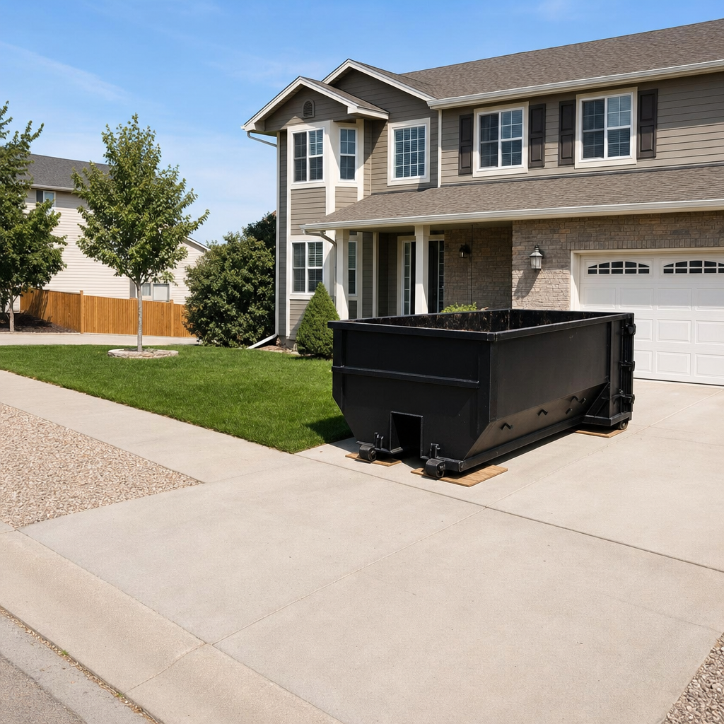 10-yard matte-black residential dumpster placed directly on a narrow Largo concrete driveway, room remains for a parked sedan beside it, mid-morning natural light