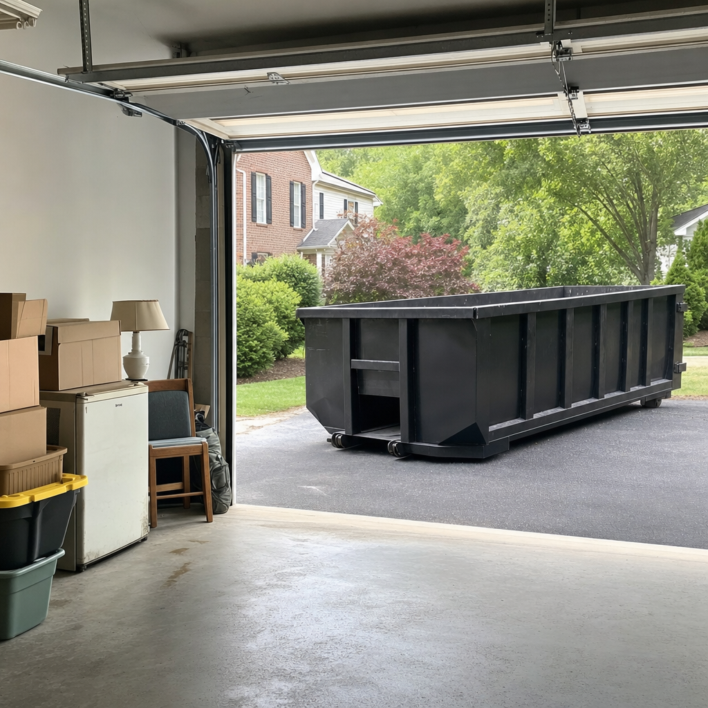 Open garage interior in a Largo home mid-cleanout — boxed items, an old appliance, and stacked yard tools queued near the driveway for a matte-black roll-off dumpster, organized and calm