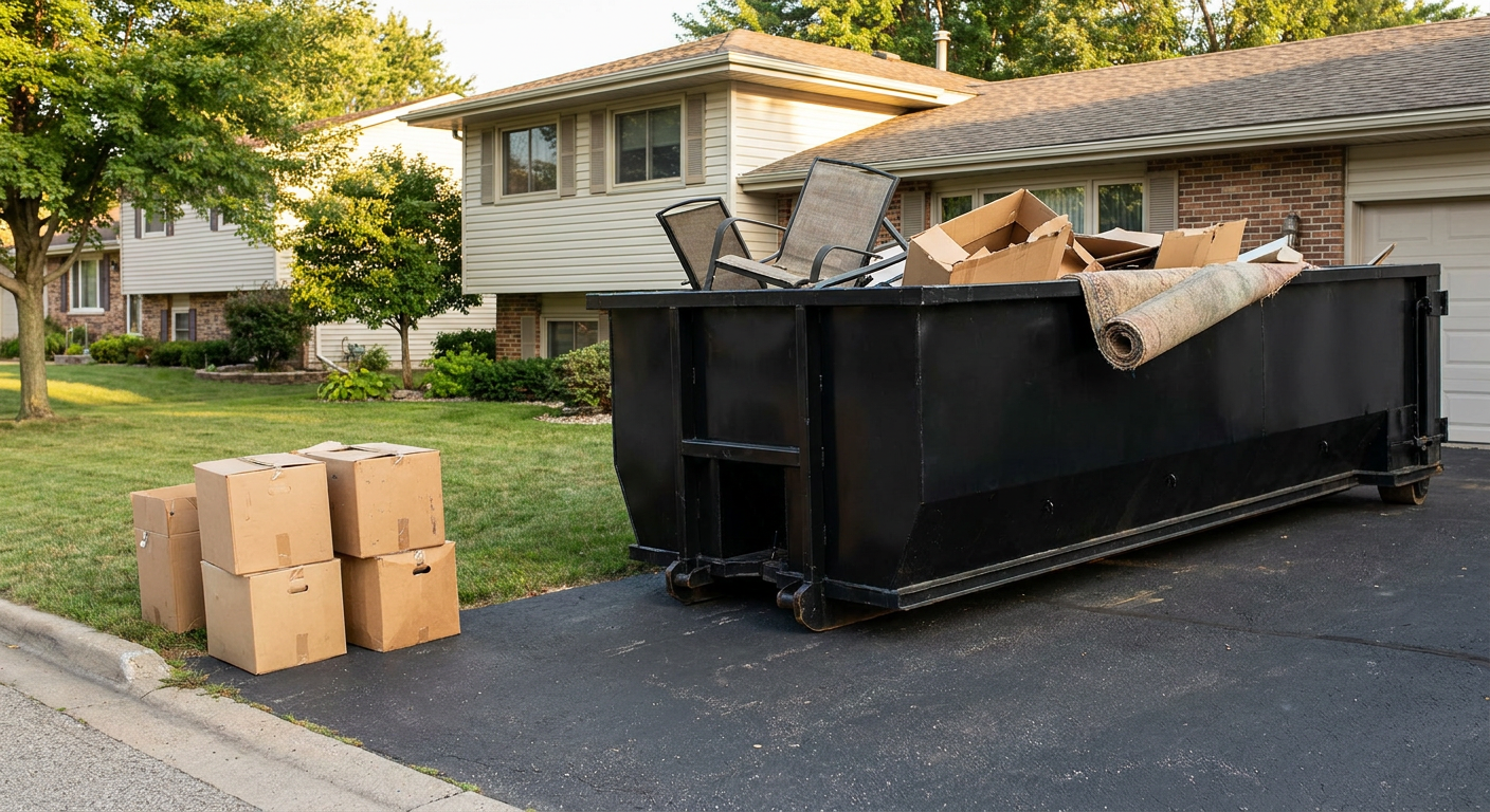 Front-yard view of a Largo split-level home with a 20-yard matte-black roll-off dumpster sitting directly on the asphalt driveway, a few clearly labeled donation boxes staged at the curb, calm sunny afternoon.