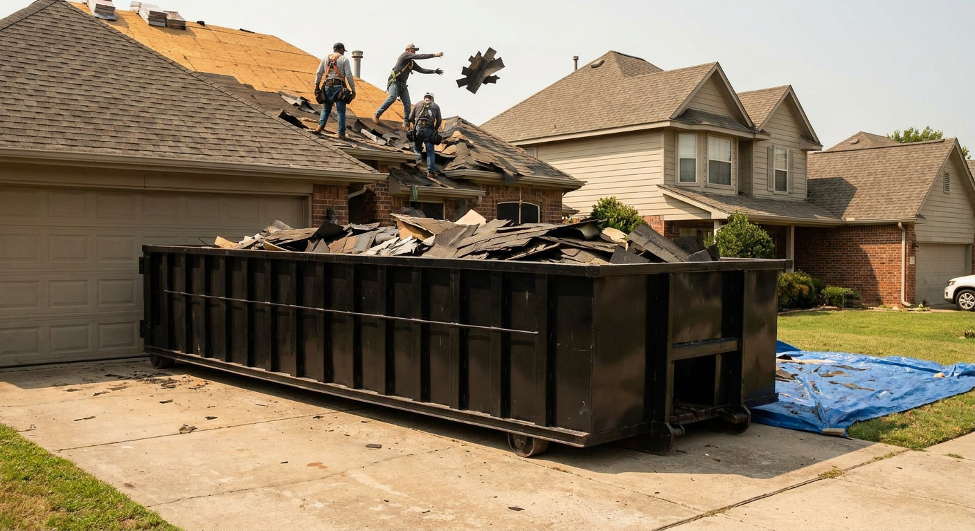 Matte-black roofing roll-off dumpster placed directly on a Largo residential concrete driveway, a tear-off crew on a two-story asphalt-shingle roof tossing shingle bundles into the low-walled container, bright daylight, documentary 35mm perspective.