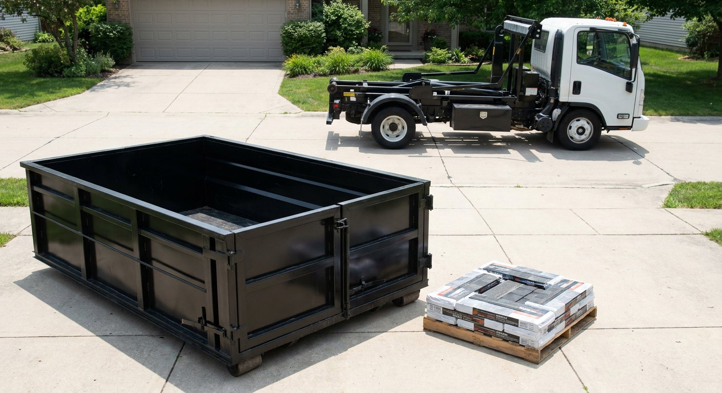 Matte-black 15-yard roofing roll-off dumpster with reinforced low side walls sitting directly on a Largo residential concrete driveway, three-tab asphalt shingle bundles stacked nearby, an unmarked white hauler truck partially visible at the edge of the frame.