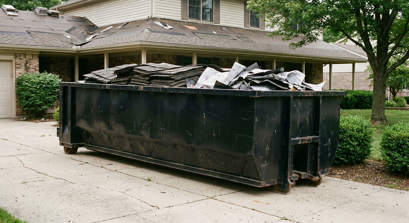 Matte-black 30-yard roofing roll-off dumpster sitting directly on a Largo concrete driveway, taller ribbed steel side panels, mixed tear-off debris of asphalt shingles and underlayment inside, professional documentary daylight.