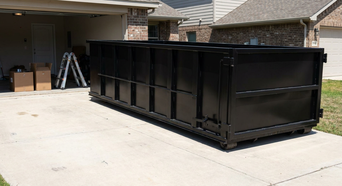 A matte-black 10-yard roll-off dumpster sitting directly on a residential Largo concrete driveway, mid-day sunlight, clean and ready for a garage cleanout.