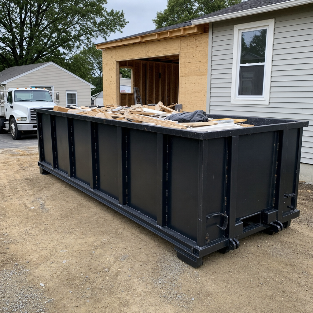 A matte-black 30-yard roll-off dumpster positioned at a Largo residential addition jobsite, with framing lumber and drywall scraps loaded through the open swinging rear doors.