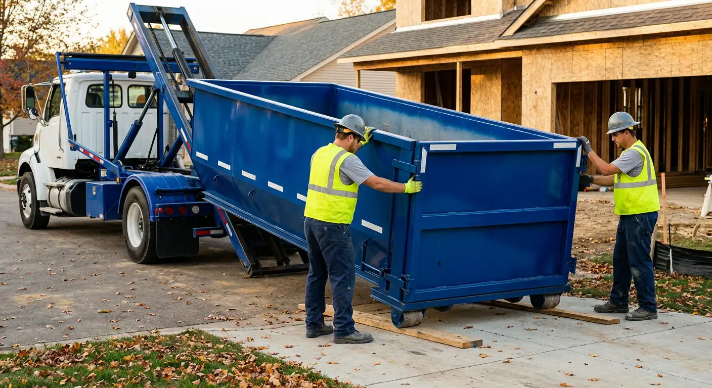 Roll-off dumpster delivery truck in residential area in Largo, FL